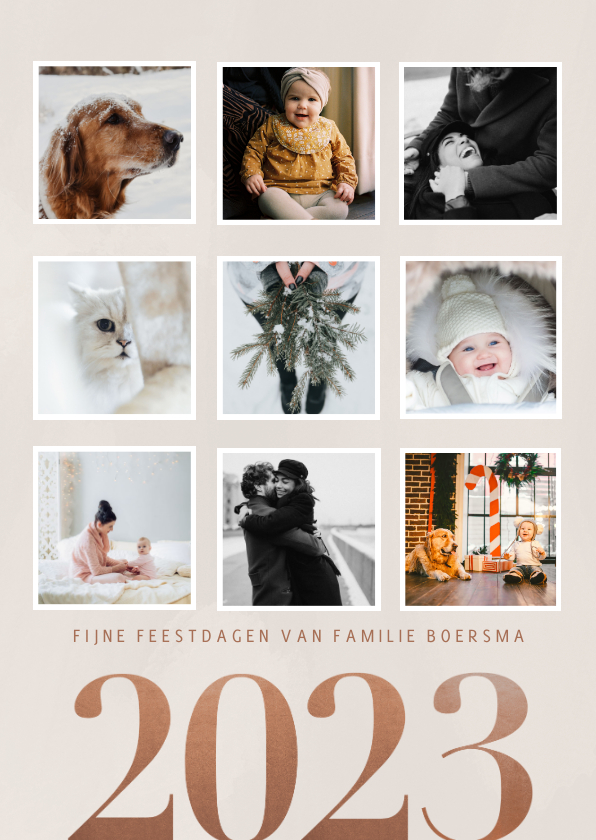 Stijlvolle foto kerstkaart fotocollage en 2023 op beige - Fotokaarten Fotokaarten - Stijlvolle foto kerstkaart fotocollage en 2023 op beige