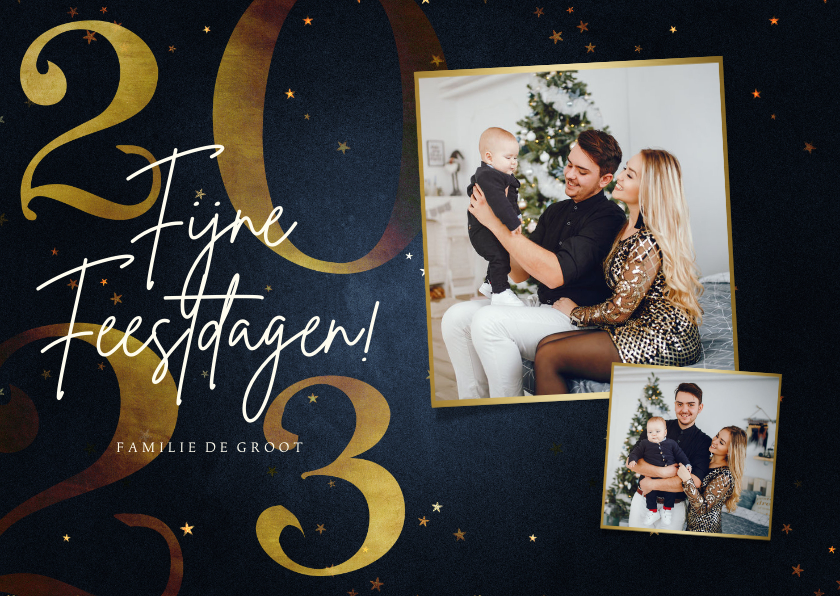 Stijlvolle fotokaart 2023 goud 2 fotos fijne feestdagen - Fotokaarten Fotokaarten - Stijlvolle fotokaart 2023 goud 2 fotos fijne feestdagen