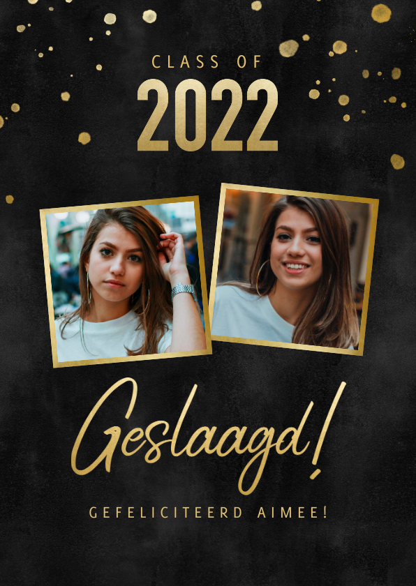 Stijlvolle fotokaart gouden spetters, geslaagd en 2 foto's - Fotokaarten Fotokaarten - Stijlvolle fotokaart gouden spetters, geslaagd en 2 foto's