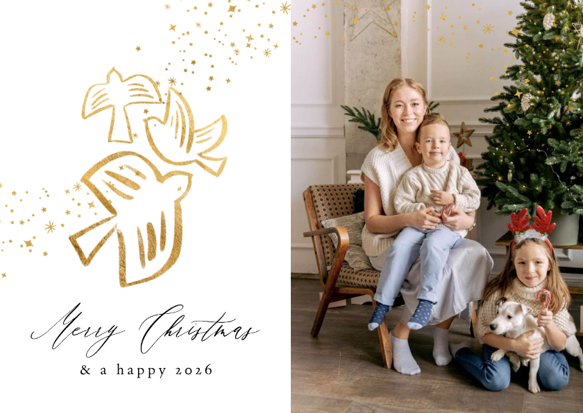 Stijlvolle fotokaart lijnillustratie duif sterren goud foto - Fotokaarten Fotokaarten - Stijlvolle fotokaart lijnillustratie duif sterren goud foto