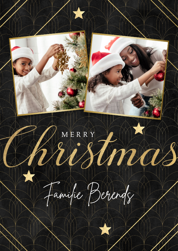 Fotokaarten - Stijlvolle kerst fotokaart met vintage patroon en sterren
