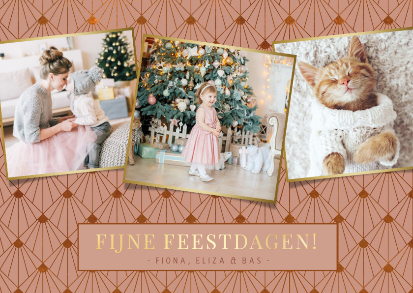 Stijlvolle oudroze art-deco kerstkaart met 3 eigen foto's - Fotokaarten Fotokaarten - Stijlvolle oudroze art-deco kerstkaart met 3 eigen foto's
