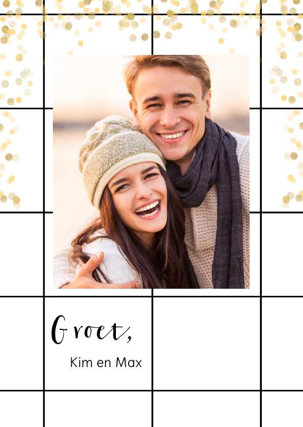 Trendy fotokaart met groet, raster en gouden confetti - Fotokaarten Fotokaarten - Trendy fotokaart met groet, raster en gouden confetti