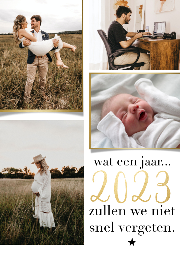 Trendy fotokaart wat een jaar fotocollage goudlook en ster - Fotokaarten Fotokaarten - Trendy fotokaart wat een jaar fotocollage goudlook en ster
