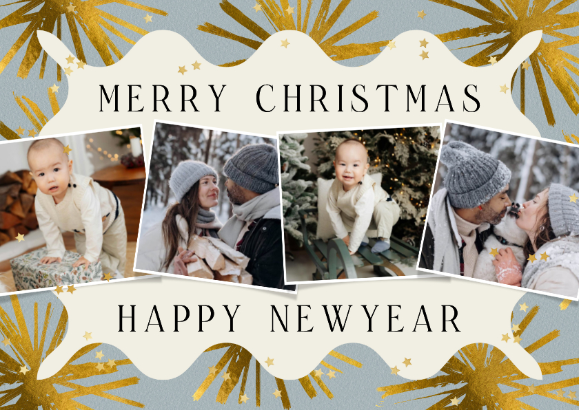 Fotokaarten - Trendy moderne fotokaart kerst collage sterren goud confetti