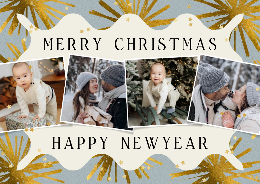 Fotokaarten - Trendy moderne fotokaart kerst collage sterren goud confetti