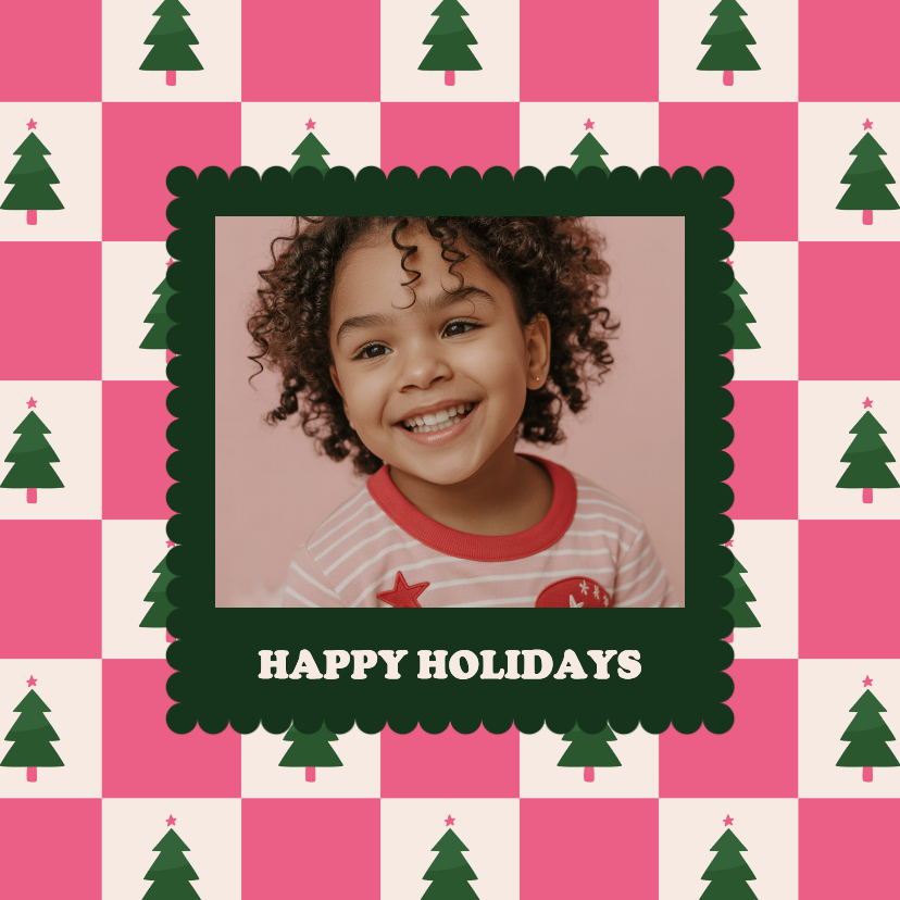 Vrolijke foto kerstkaart blokjespatroon met kerstbomen - Fotokaarten Fotokaarten - Vrolijke foto kerstkaart blokjespatroon met kerstbomen