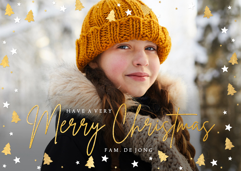 Vrolijke fotokaart met eigen foto en kerstbomen kader - Fotokaarten Fotokaarten - Vrolijke fotokaart met eigen foto en kerstbomen kader