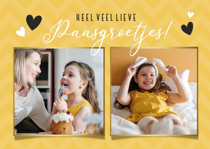 Vrolijke gele fotokaart voor pasen met 2 eigen foto's - Fotokaarten Fotokaarten - Vrolijke gele fotokaart voor pasen met 2 eigen foto's