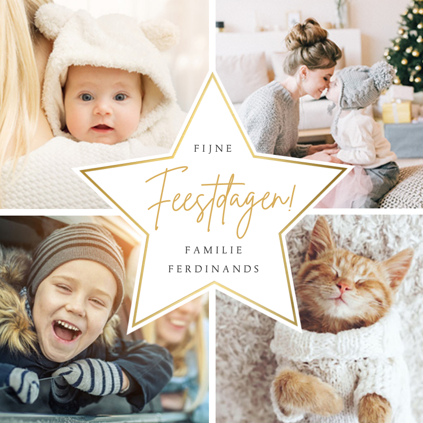 Vrolijke kerst fotokaart met 4 eigen foto's en goudlook ster - Fotokaarten Fotokaarten - Vrolijke kerst fotokaart met 4 eigen foto's en goudlook ster