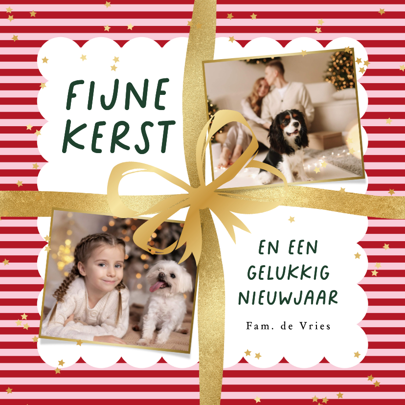 Vrolijke kerstkaart strik cadeau goud streep sterrenconfetti - Fotokaarten Fotokaarten - Vrolijke kerstkaart strik cadeau goud streep sterrenconfetti