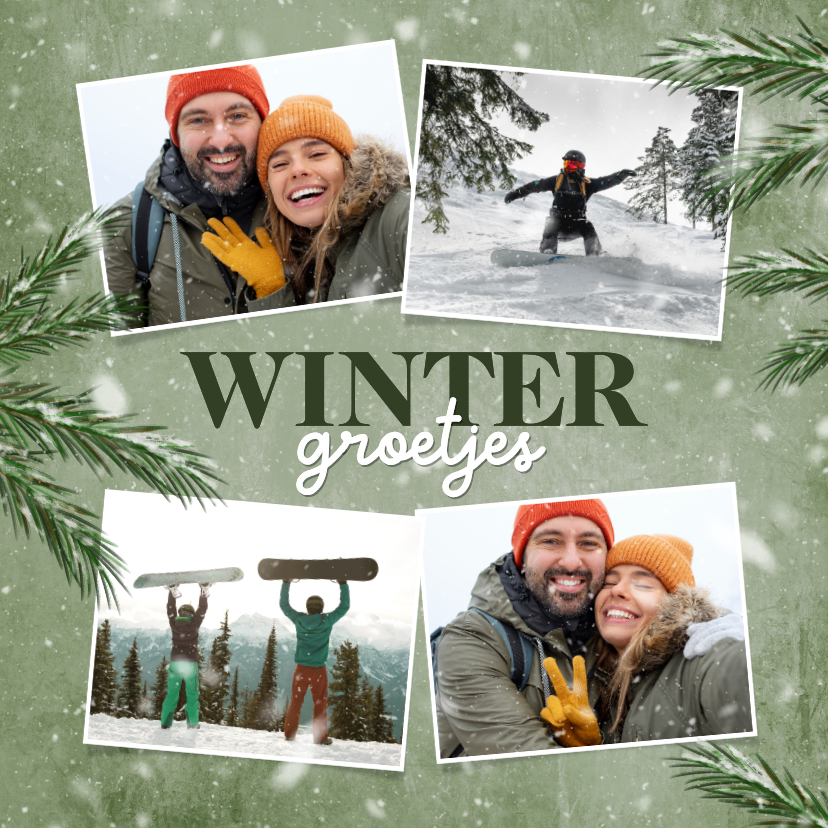 Winterse fotokaart groen sneeuw fotocollage dennentakje - Fotokaarten Fotokaarten - Winterse fotokaart groen sneeuw fotocollage dennentakje