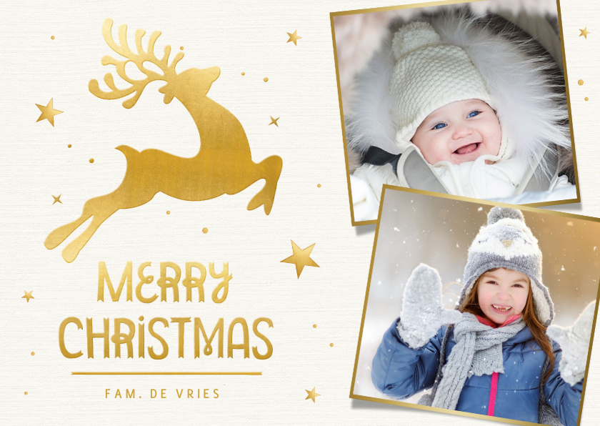 Winterse kerstkaart met 2 eigen foto's en rendier in goud - Fotokaarten Fotokaarten - Winterse kerstkaart met 2 eigen foto's en rendier in goud