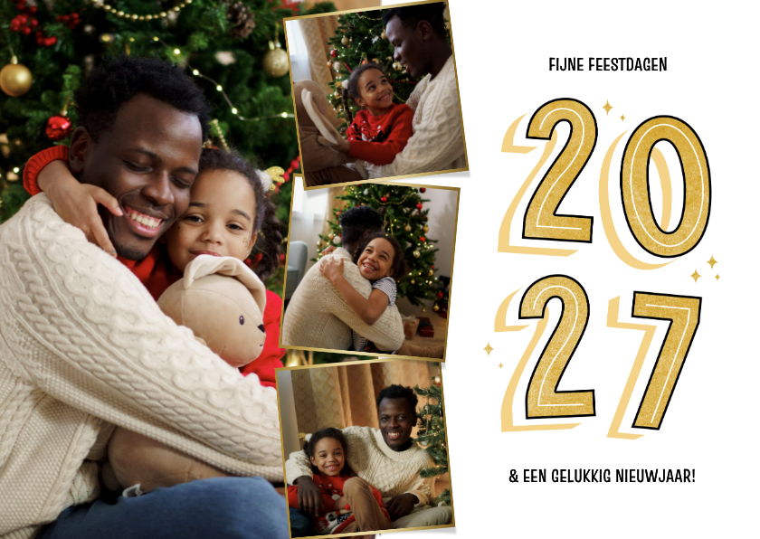 Wit fotokaartje kerst met vier foto's 2027 - Fotokaarten Fotokaarten - Wit fotokaartje kerst met vier foto's 2027
