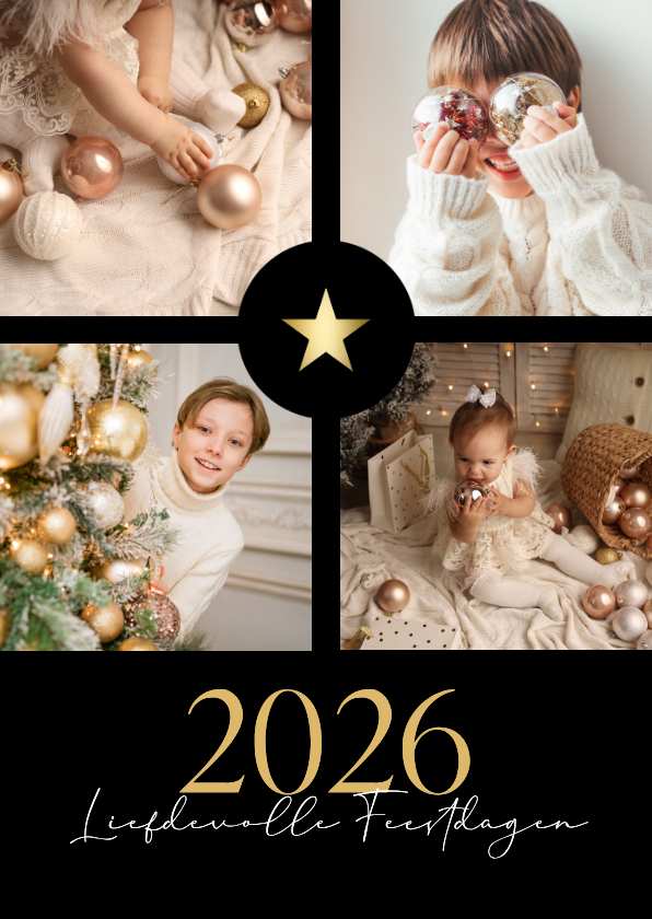 Zwarte fotocollage kerstkaart chique met gouden ster - Fotokaarten Fotokaarten - Zwarte fotocollage kerstkaart chique met gouden ster