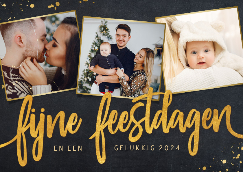 Zwarte fotokaart voor kerst met 3 eigen foto's Kaartje2go