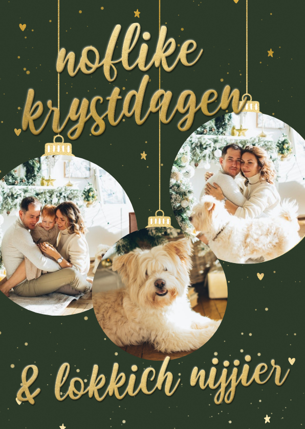 Fries kerstkaartje donkergroen met drie kerstballen - Fryske kaartsjes Fryske kaartsjes - Fries kerstkaartje donkergroen met drie kerstballen