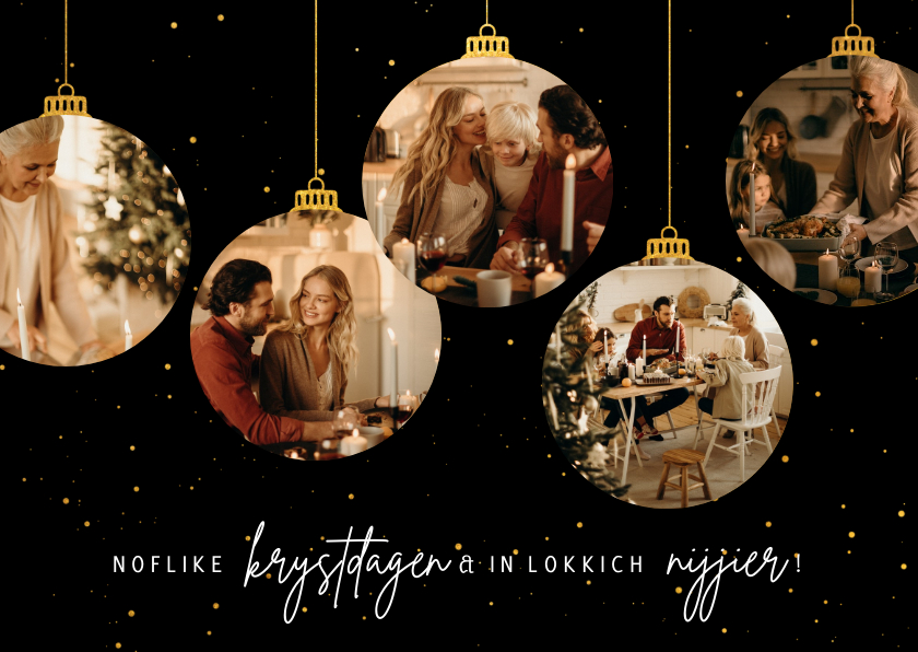 Fries kerstkaartje noflike krystdagen met vijf kerstballen - Fryske kaartsjes Fryske kaartsjes - Fries kerstkaartje noflike krystdagen met vijf kerstballen