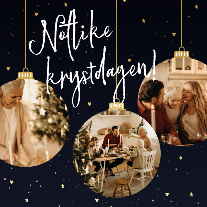 Fryske kaartsjes - Kerstkaart fries donkerblauw met kerstballen en foto's