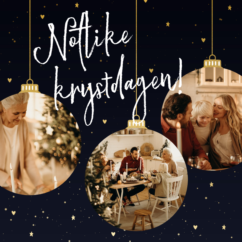 Kerstkaart fries donkerblauw met kerstballen en foto's - Fryske kaartsjes Fryske kaartsjes - Kerstkaart fries donkerblauw met kerstballen en foto's