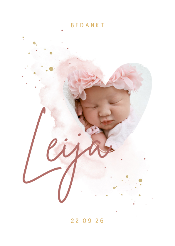 Geboortekaartjes -  Bedankkaartje foto in hartjesvorm roze aquarel grote naam