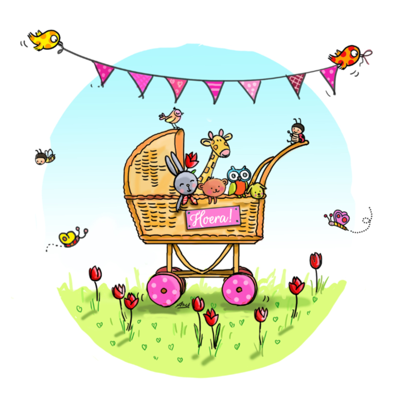 Beestjes in wiegje roze - Geboortekaartjes Geboortekaartjes - Beestjes in wiegje roze