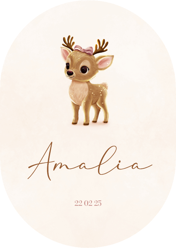 Beige ovaal geboortekaartje hertje met strik - Geboortekaartjes Geboortekaartjes - Beige ovaal geboortekaartje hertje met strik