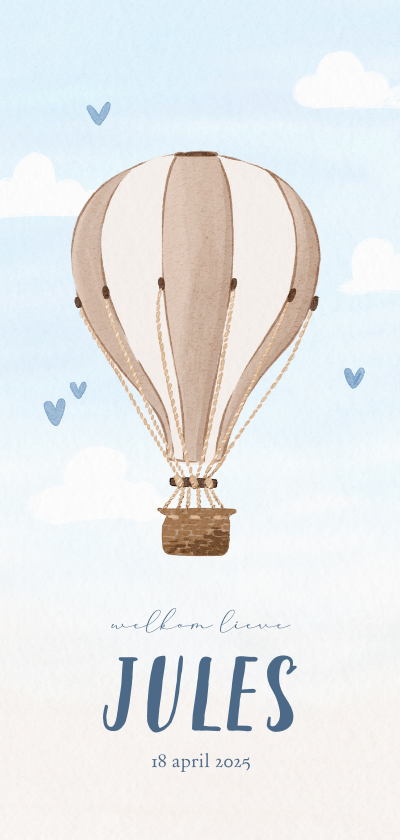 Geboortekaartjes - Blauw geboortekaartje met luchtballon en hartjes