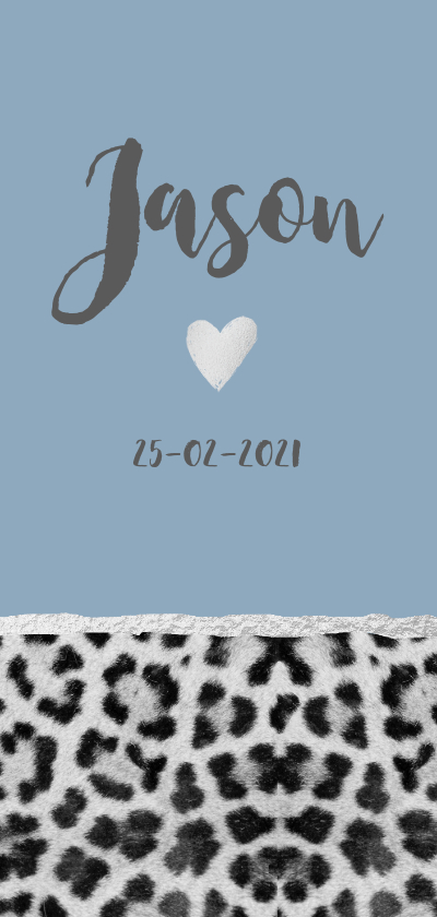 Blauw panterprint geboortekaartje langwerpig - Geboortekaartjes Geboortekaartjes - Blauw panterprint geboortekaartje langwerpig
