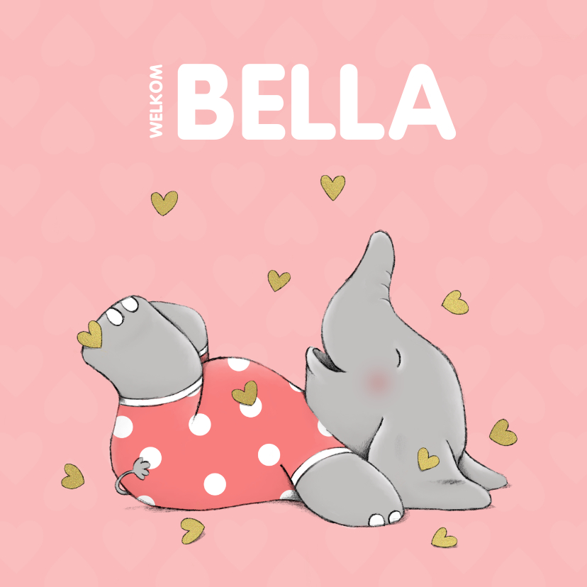 Geboortekaartjes - Blij geboortekaartje met vrolijk olifantje en gouden hartjes