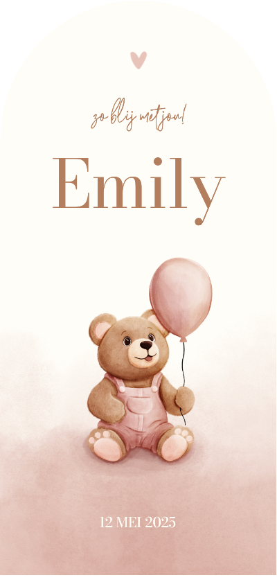 Boog geboortekaartje teddybeer met ballon roze waterverf - Geboortekaartjes Geboortekaartjes - Boog geboortekaartje teddybeer met ballon roze waterverf