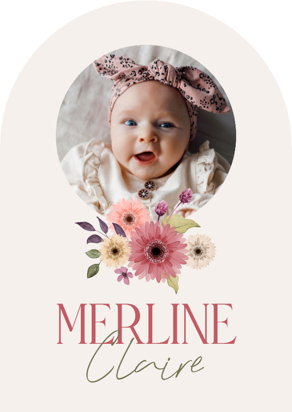 Geboortekaartjes - Boogkaart geboortekaartje meisje bloemen stijlvol lente foto