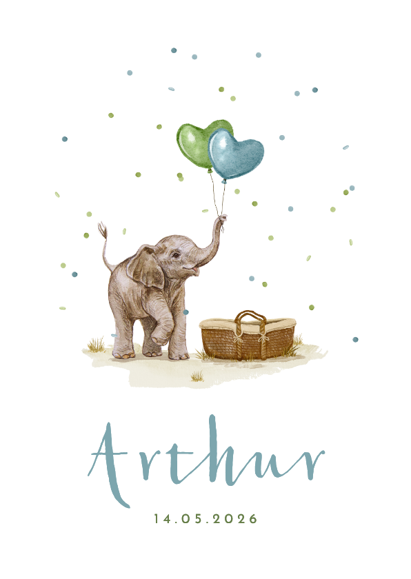 Geboortekaartjes - Boogkaart geboortekaartje olifantje mandje confetti jongen