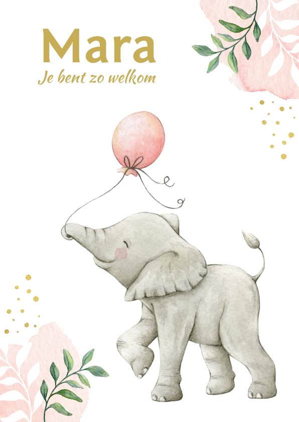 Botanisch geboortekaartje meisje met lief olifantje - Geboortekaartjes Geboortekaartjes - Botanisch geboortekaartje meisje met lief olifantje