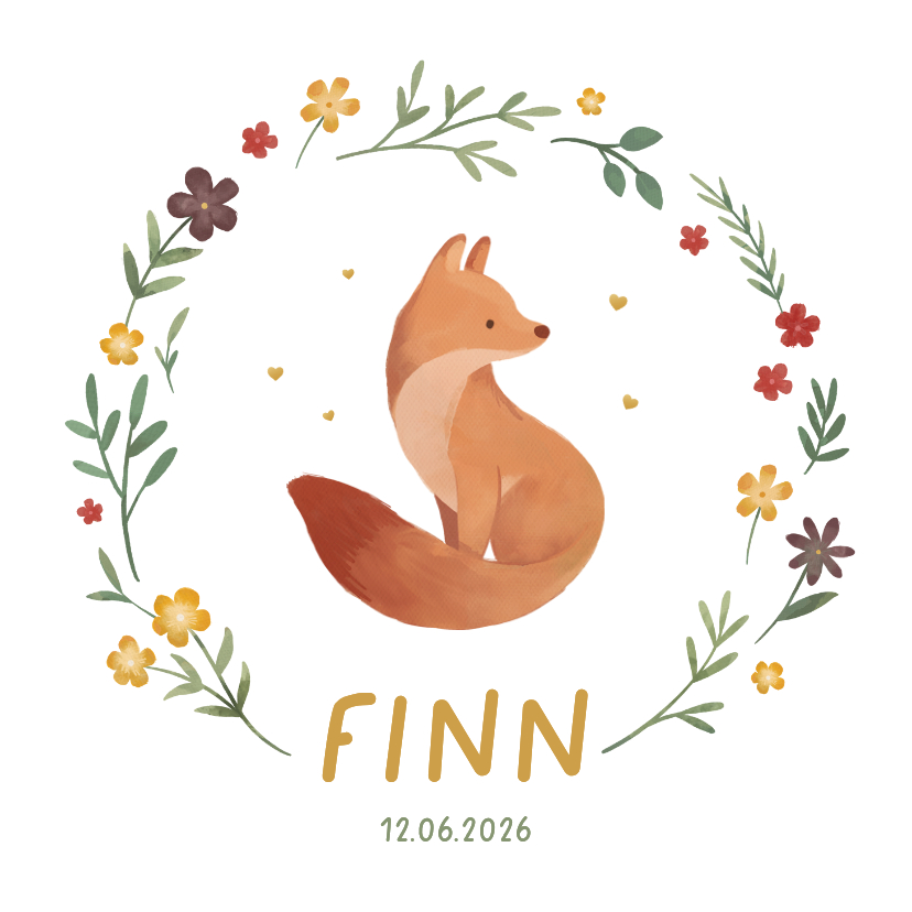 Cirkel geboortekaartje vosje lente bloemen hartjes - Geboortekaartjes Geboortekaartjes - Cirkel geboortekaartje vosje lente bloemen hartjes