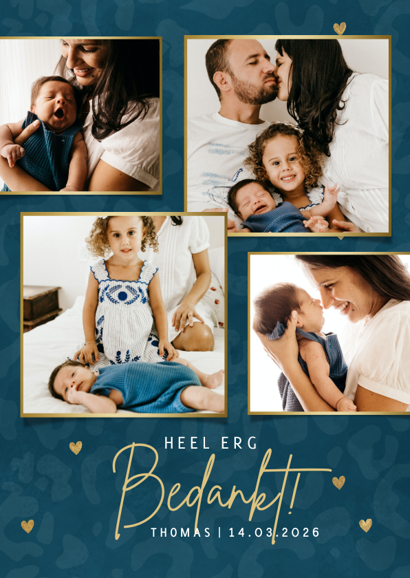 Geboortekaartjes - Collage geboorte bedankkaartjes panterprint & gouden hartjes