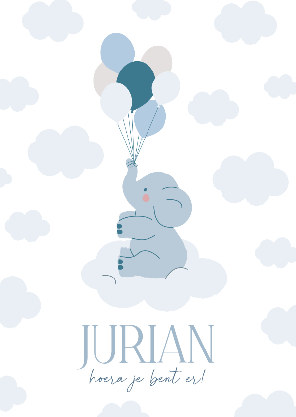 Geboortekaartjes - Feestelijk geboortekaartje met olifant wolken en ballonnen