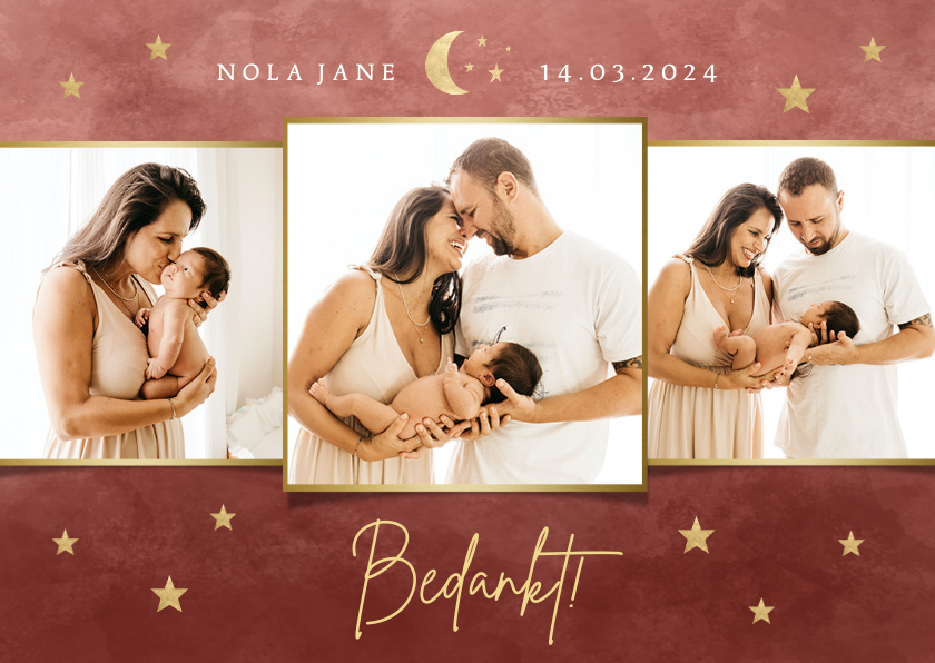 Fotocollage geboorte bedankkaartje met maantje en sterretjes - Geboortekaartjes Geboortekaartjes - Fotocollage geboorte bedankkaartje met maantje en sterretjes