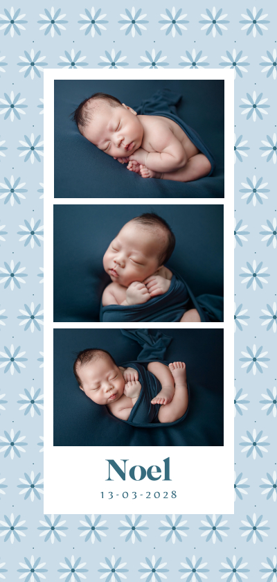 Geboortekaartjes - Fotocollage geboortekaartje met patroon van bloemetjes blauw