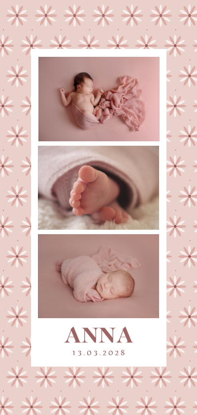 Geboortekaartjes - Fotocollage geboortekaartje met roze bloemenpatroontje