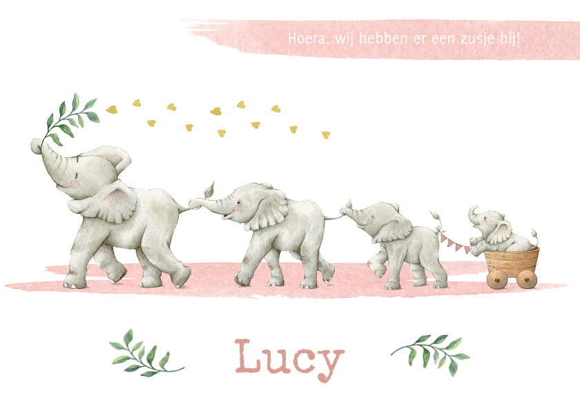 Geboortekaartjes - Geboorte dochter met vier vrolijke olifantjes!