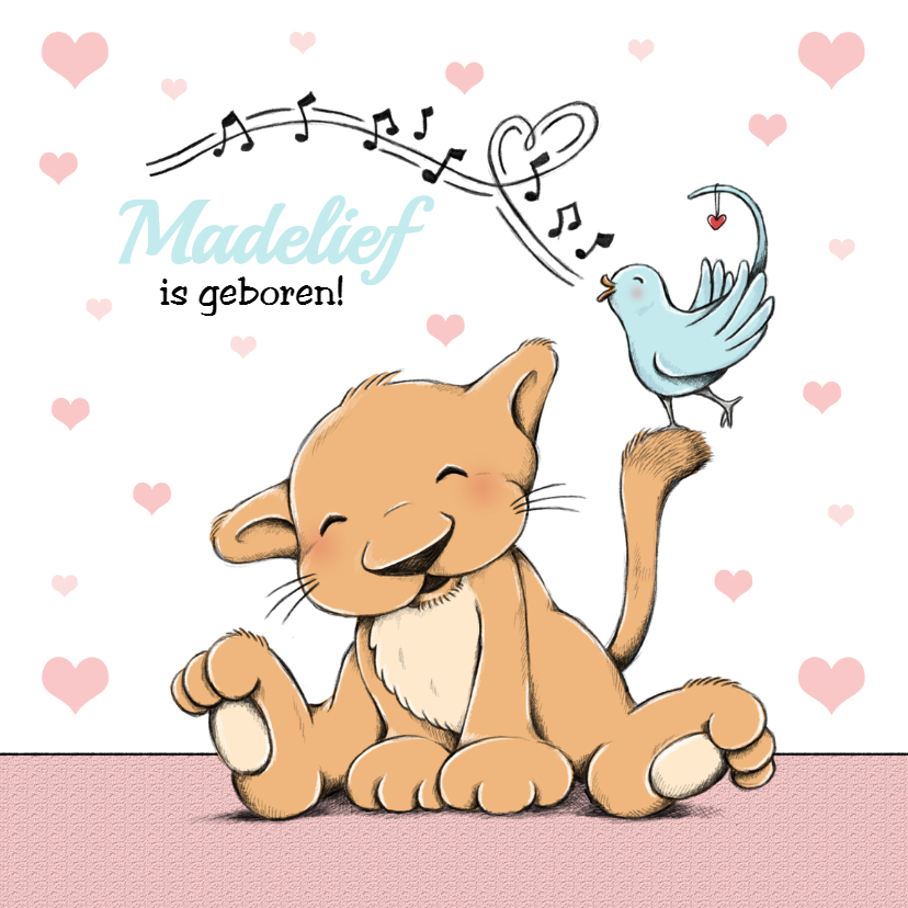 Geboorte leeuwtje met vogel - IH - Geboortekaartjes Geboortekaartjes - Geboorte leeuwtje met vogel - IH