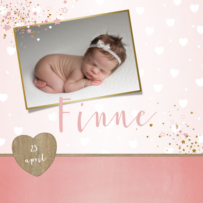 Geboortekaartjes - Geboorte lief en hip, roze kaartje met foto en hartjes
