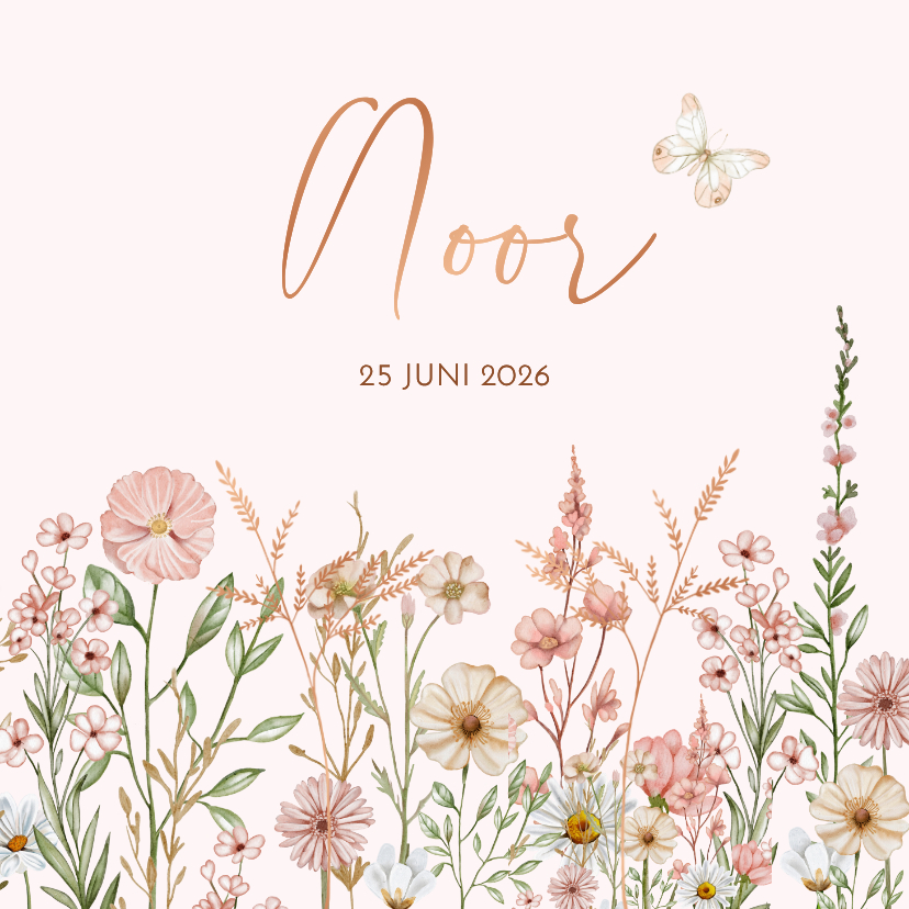 Geboortekaartjes - Geboorte meisje met bloemen in pastel met vlindertje