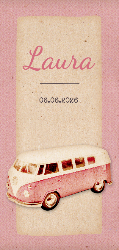 Geboorte retro busje roze langwerpig - BK - Geboortekaartjes Geboortekaartjes - Geboorte retro busje roze langwerpig - BK