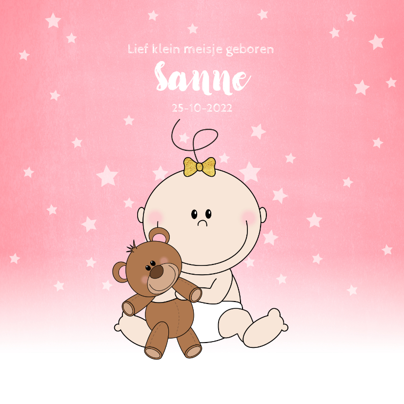 Geboorte schattig roze kaartje meisje met knuffelbeer - Geboortekaartjes Geboortekaartjes - Geboorte schattig roze kaartje meisje met knuffelbeer