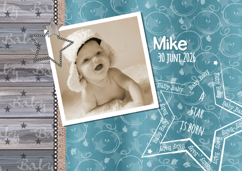 geboorte stoer hout foto ster HB - Geboortekaartjes Geboortekaartjes - geboorte stoer hout foto ster HB