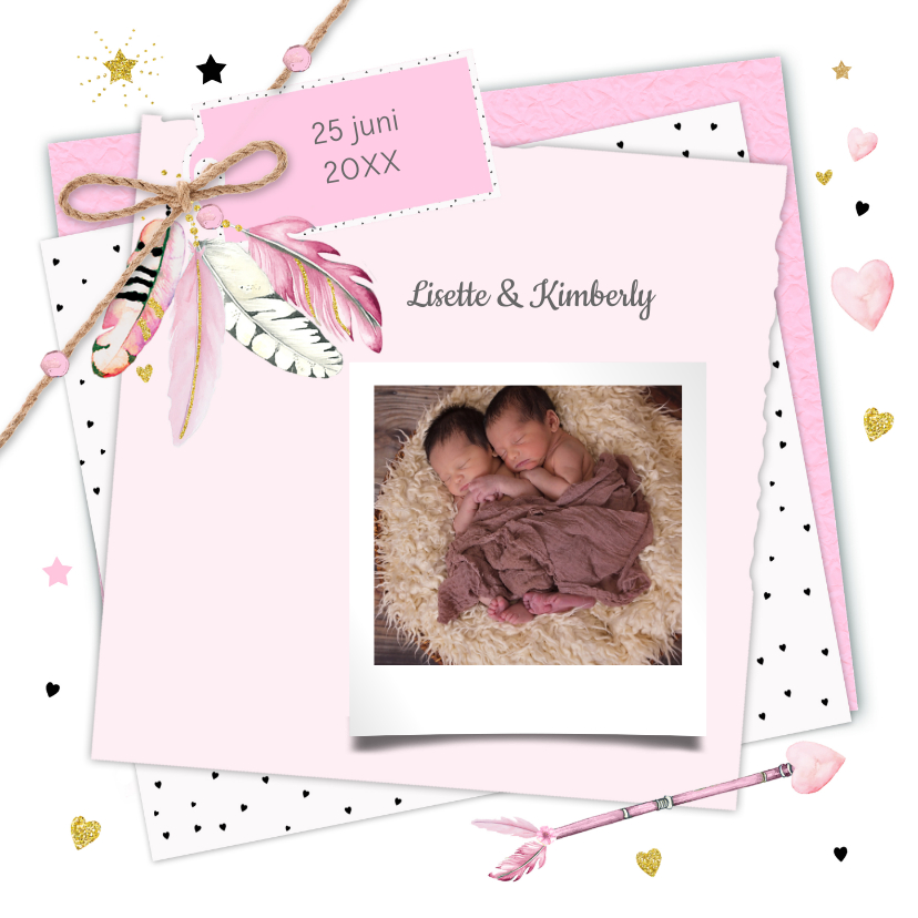 Geboortekaartjes - Geboorte tweeling label veertjes