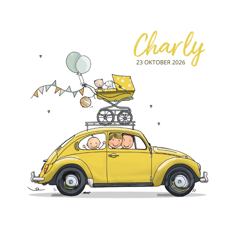 Geboortekaartjes - Geboortekaart Auto geel