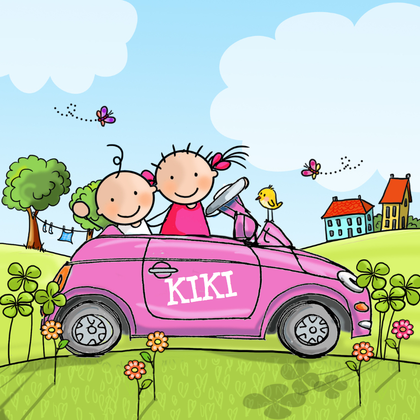 Geboortekaart auto met zus roze - Geboortekaartjes Geboortekaartjes - Geboortekaart auto met zus roze